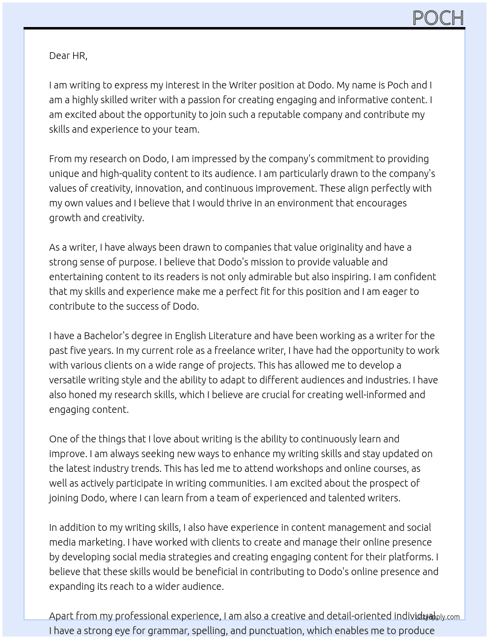 writer At dodo Cover Letter