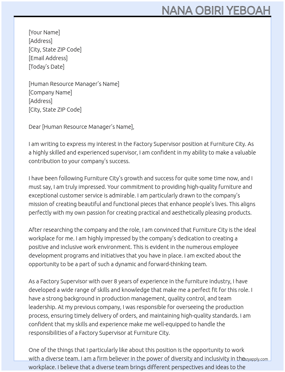 Factory Supervisor At Furniture City Cover Letter