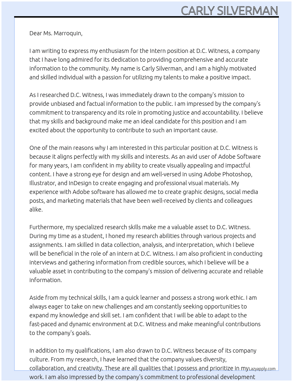Intern At D.C. Witness Cover Letter