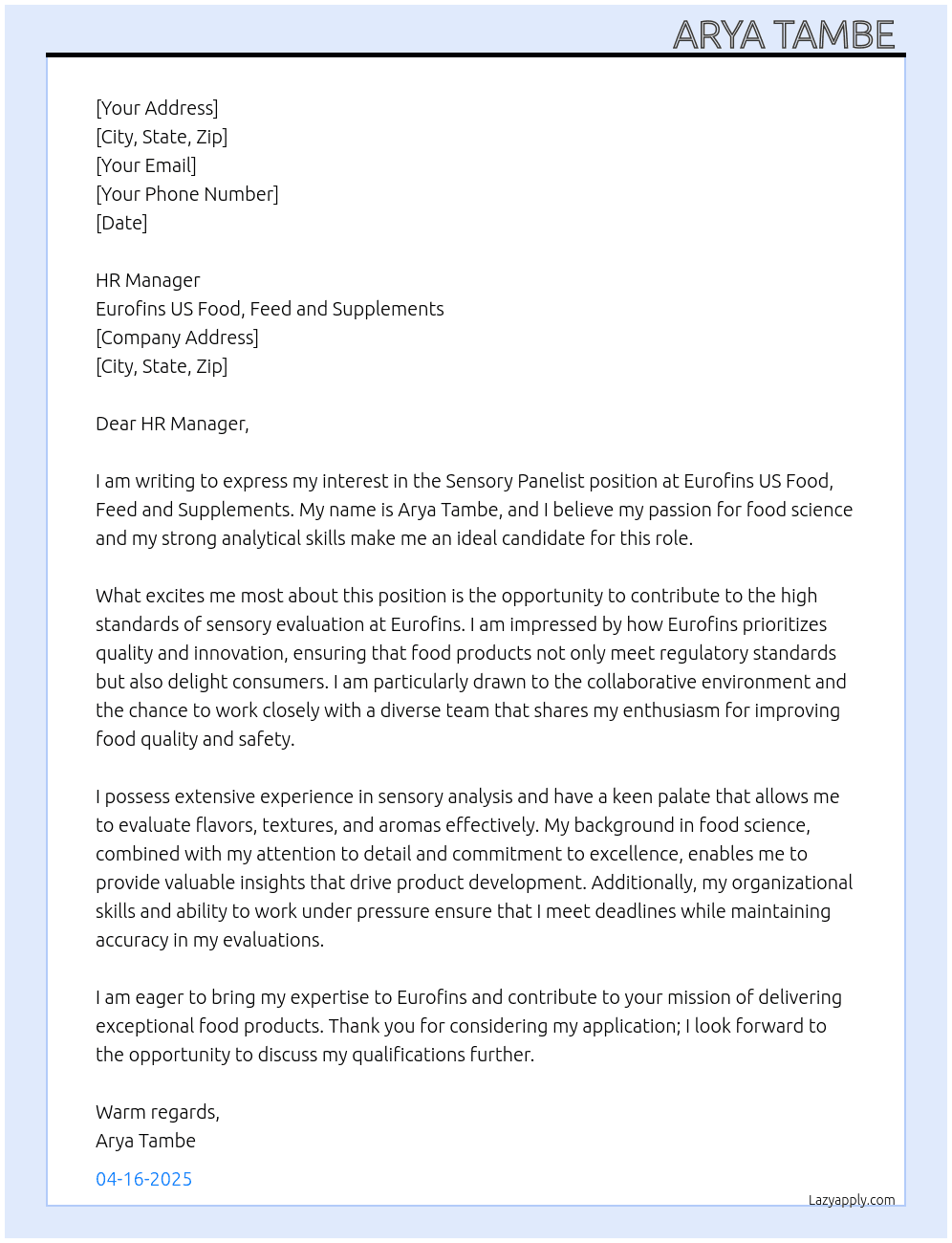 Sensory Panelists  At Eurofins US Food Feed and Supplements  Cover Letter