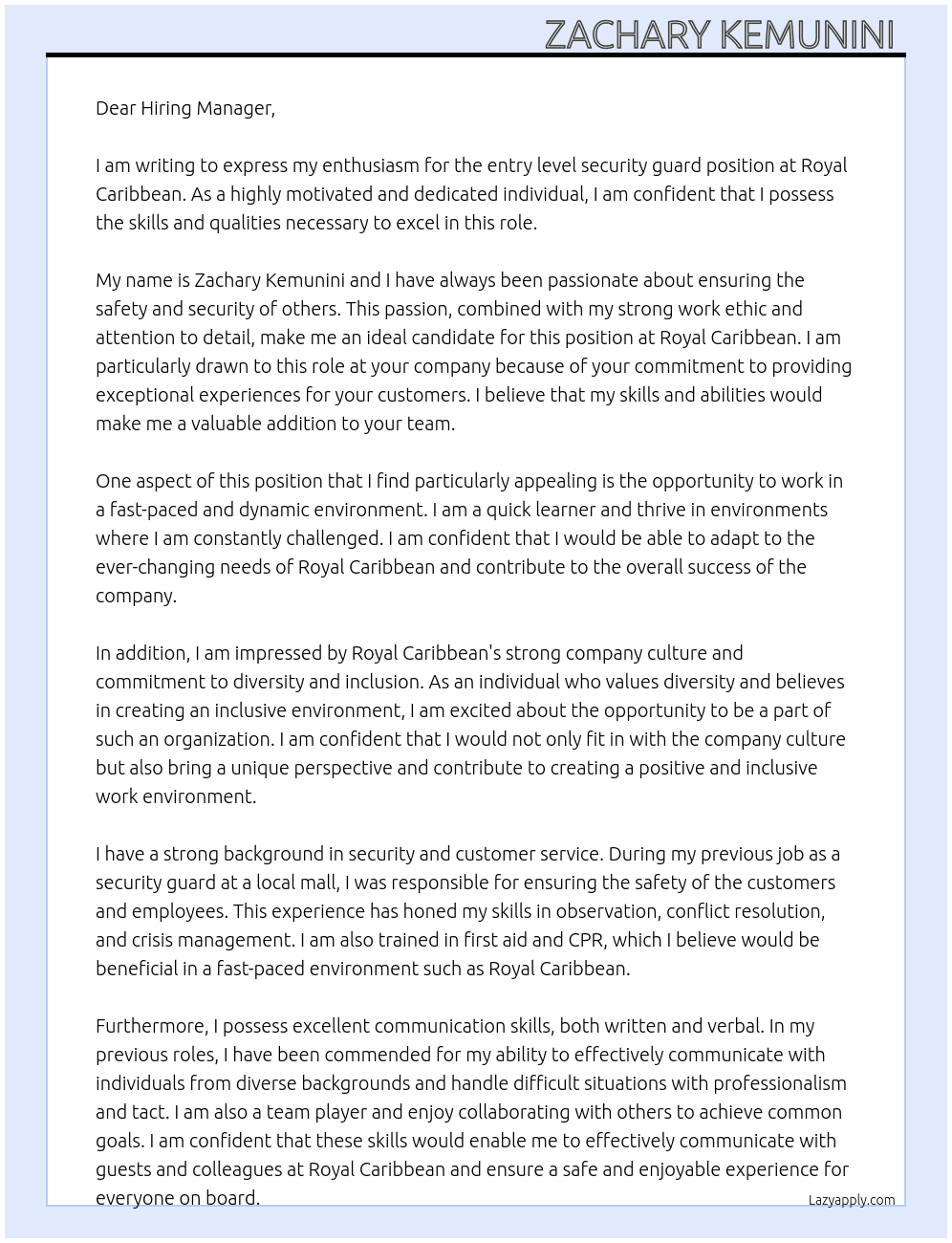 entry level security guard At royal Caribbean Cover Letter