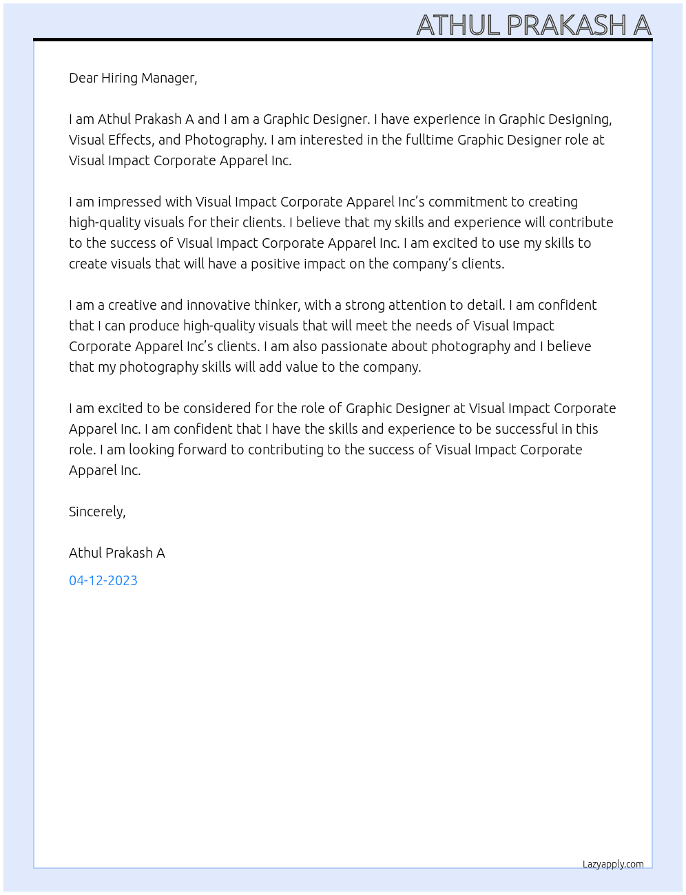 Graphic Designer At Visual Impact Corporate Apparel Inc Cover Letter