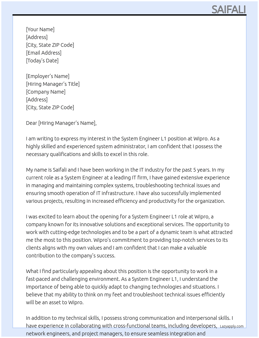 Cover letter for system admin - LazyApply