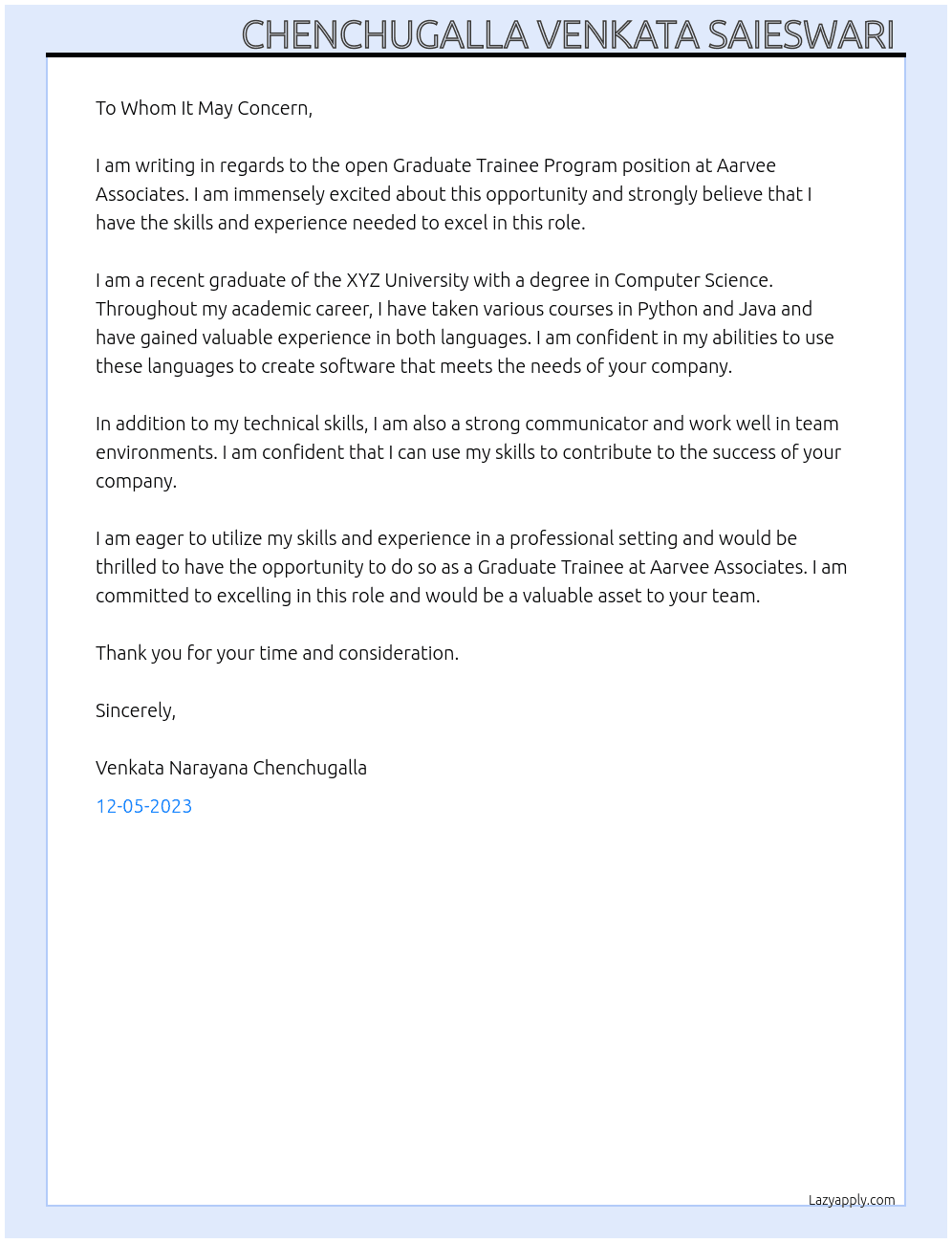 Graduate trainee program  At AARVEE ASSOCIATES Cover Letter