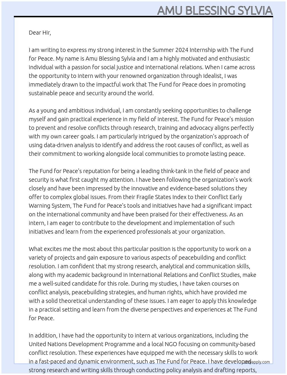 The Fund for Peace - Summer 2024 Internship Fund for Peace At Idealist Cover Letter