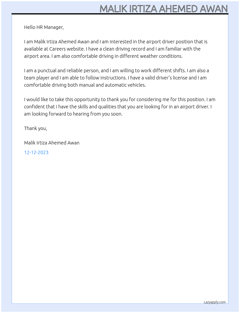 airport driver At Careers website Cover Letter