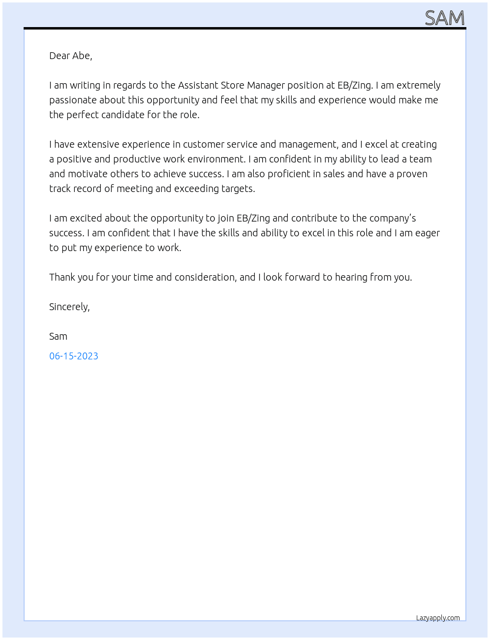 Assistant Store Manager At EB/Zing Cover Letter