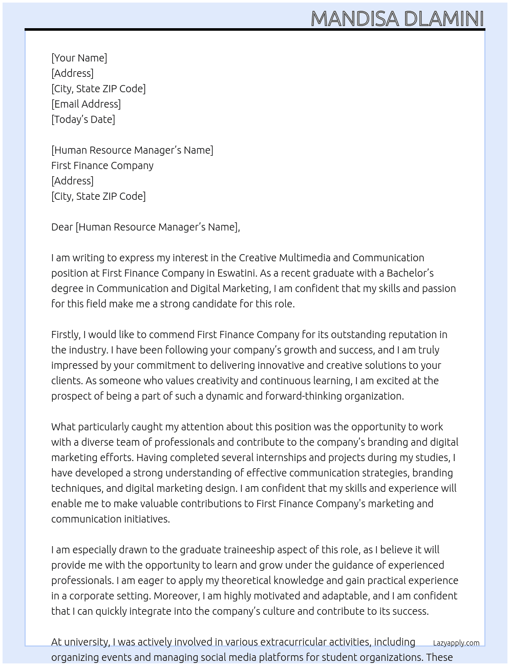 Creative Multimedia and communication  At First Finance Company  -Eswatini  Cover Letter