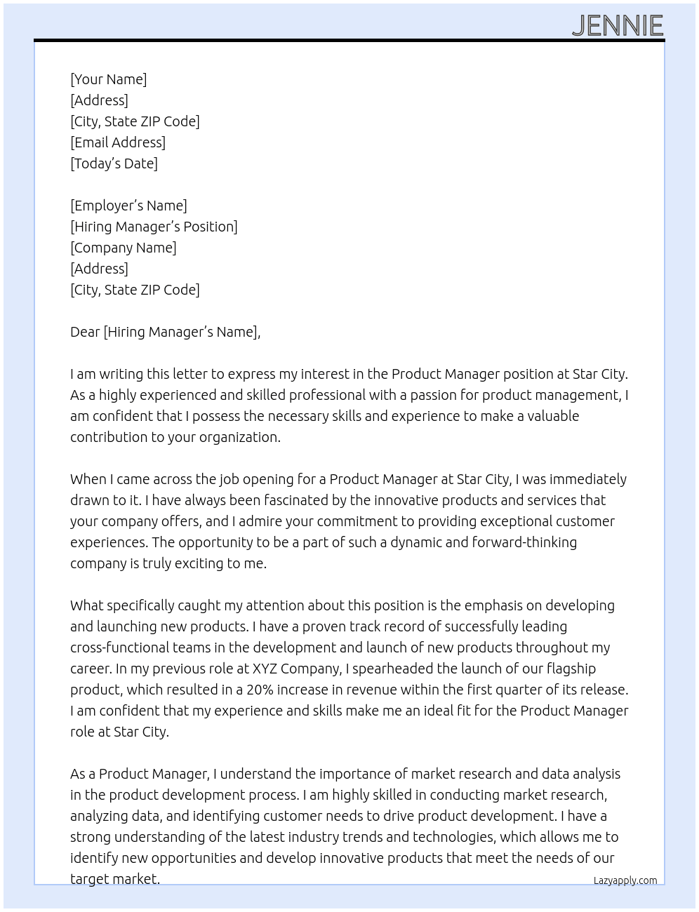 Product Manger At Star City Cover Letter