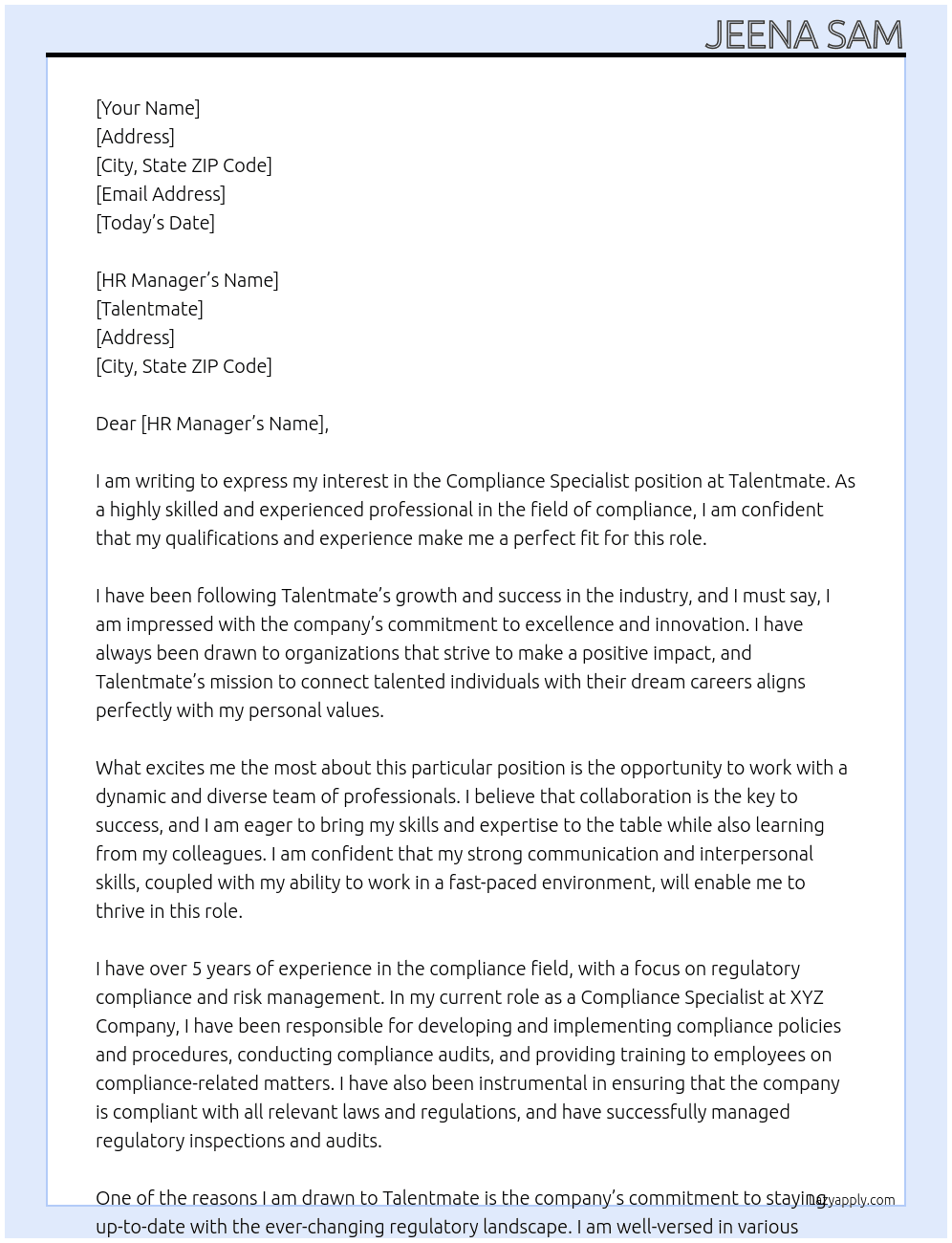 Compliance Specialist At Talentmate Cover Letter