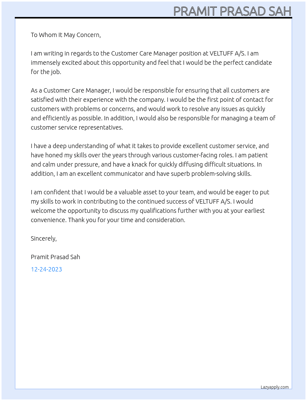 Customer Care Manager At VELTUFF A/S Cover Letter
