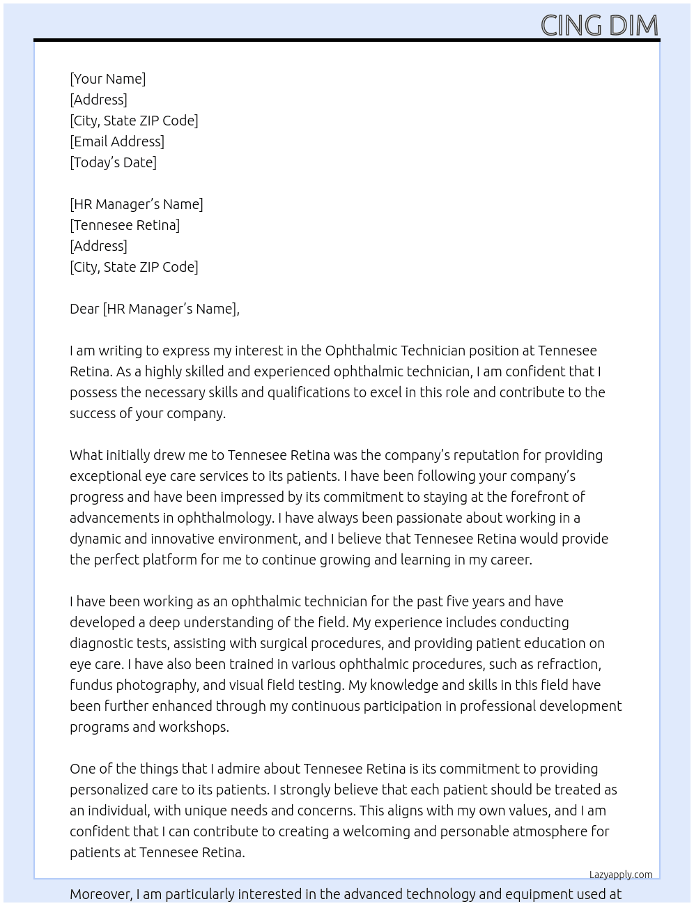 Ophthalmic Technician At Tennesee Retina Cover Letter