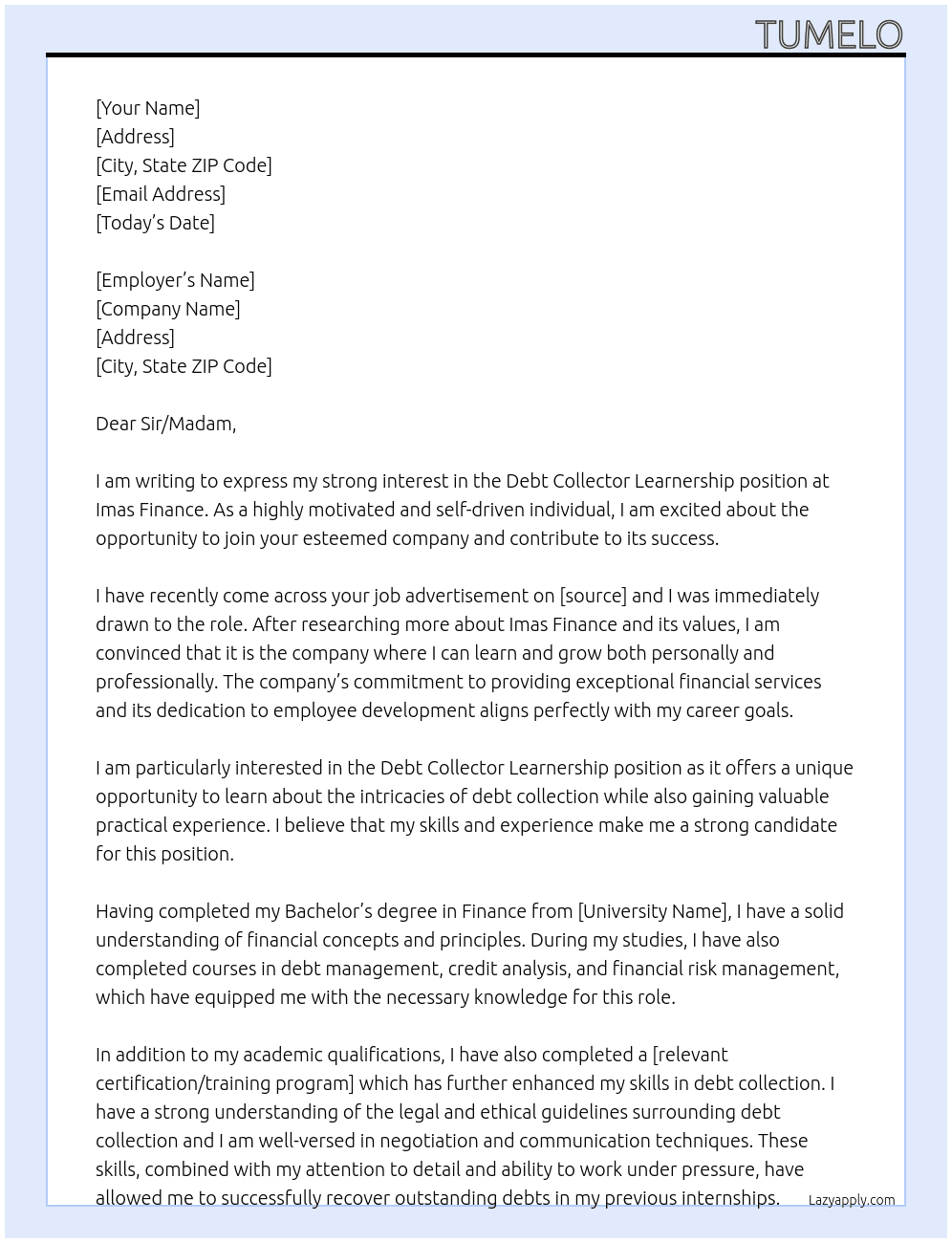 debt collecter learnership At Imas Finance Cover Letter