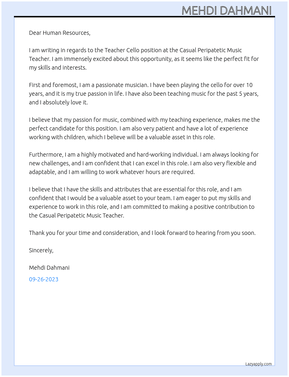 Teacher cello  At Casual Peripatetic Music Teacher Cover Letter