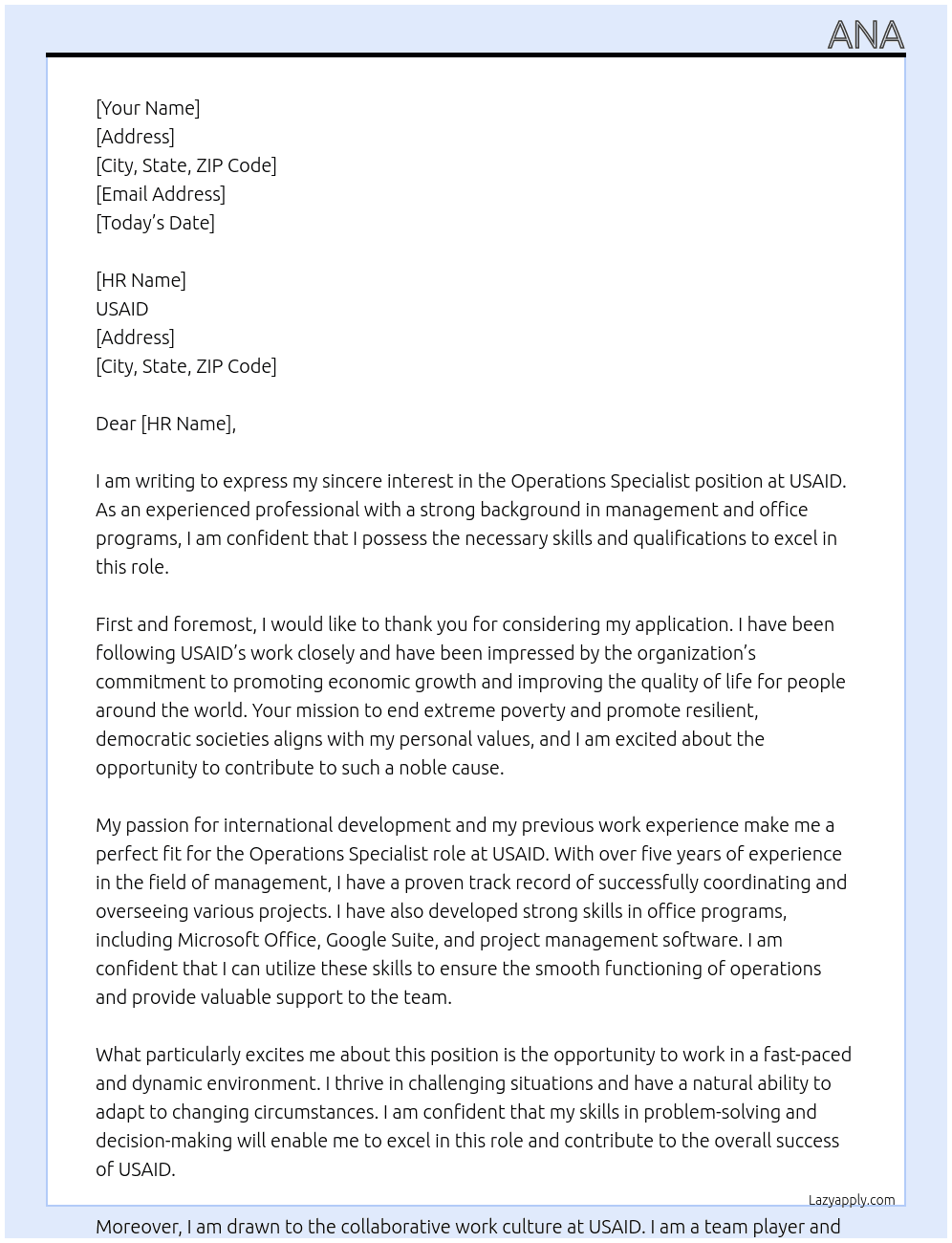 Operations specialist At USAID Cover Letter