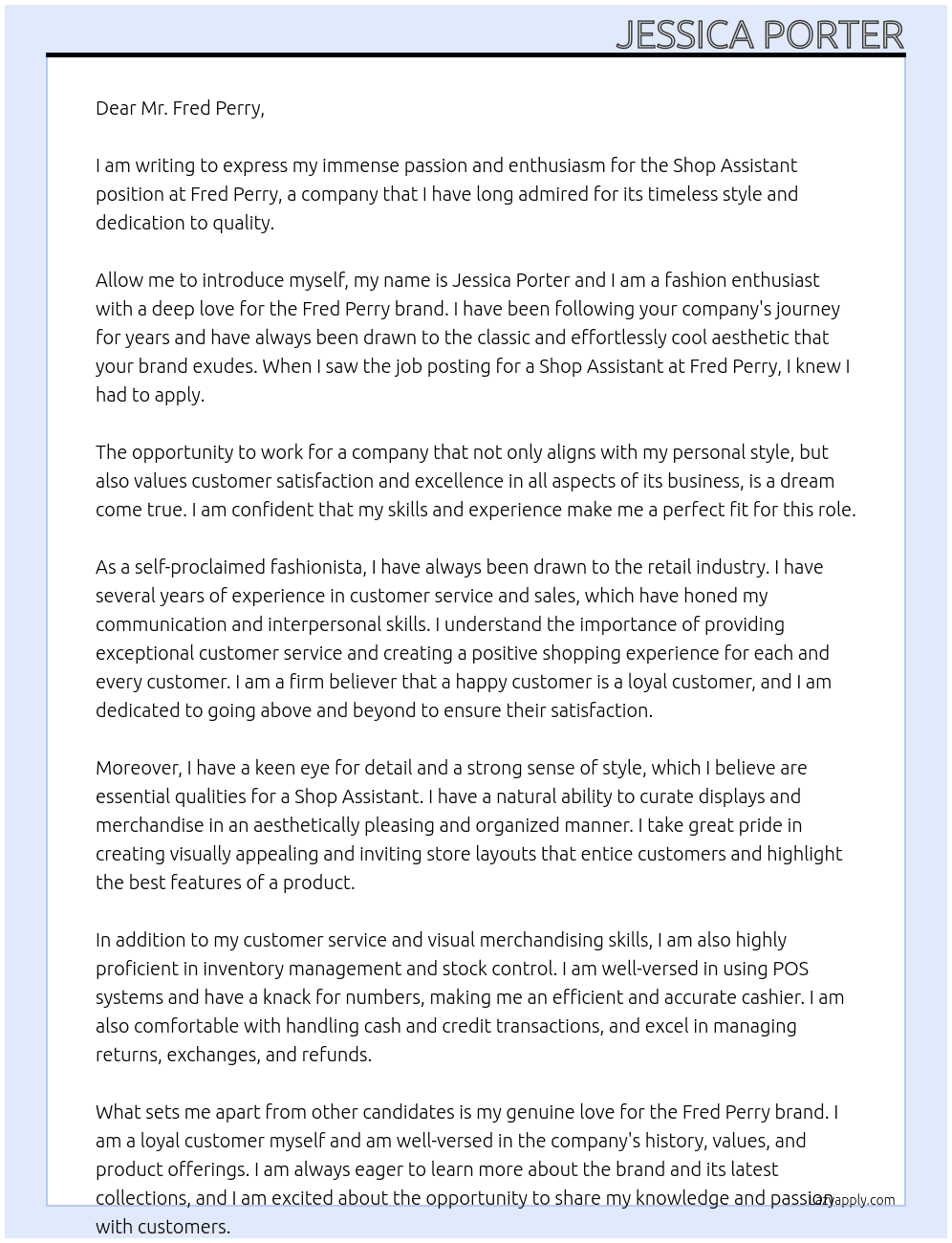 Shop assistant At Fred Perry Cover Letter