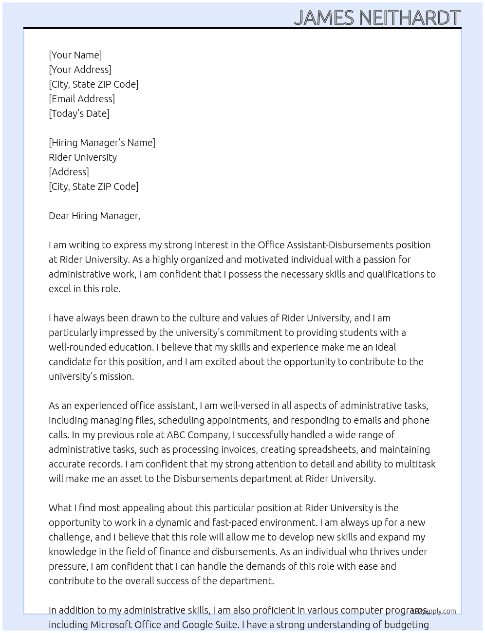 Office Assistant-Disbursements  At Rider University  Cover Letter