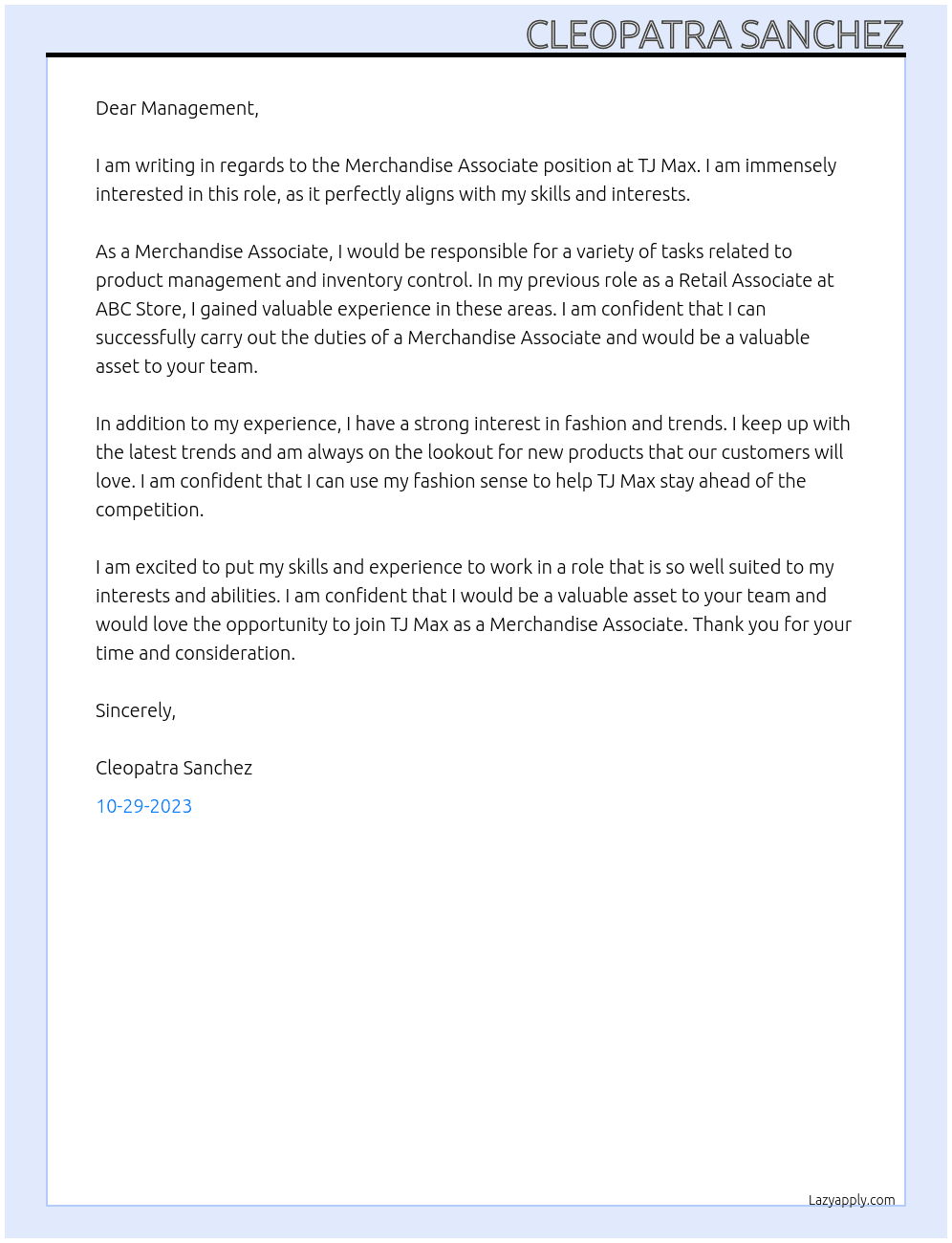 Merchandise Associate At TJ Max Cover Letter