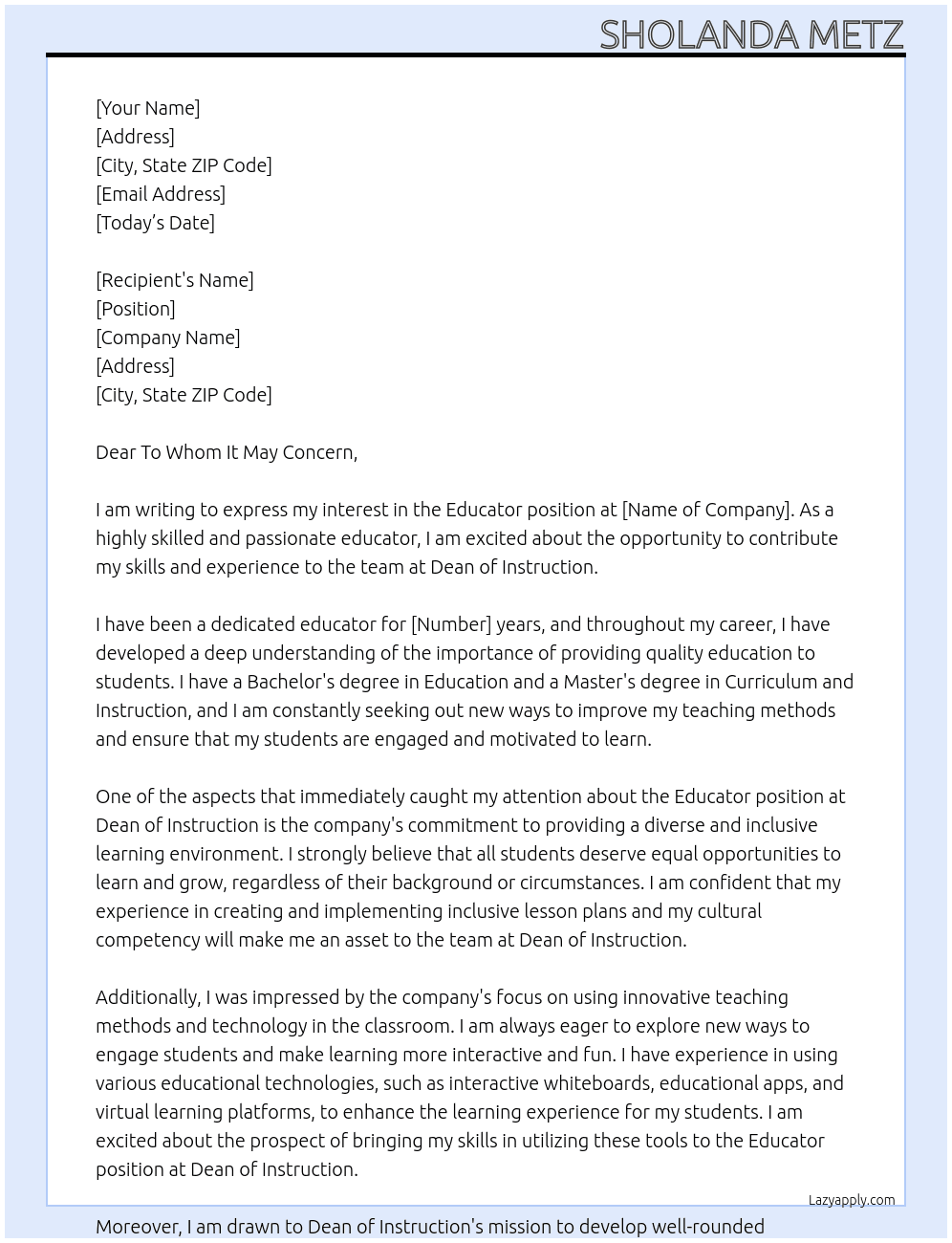 Educator At Dean of Instrution Cover Letter