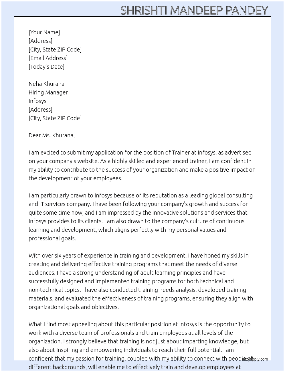 Trainer  At Infosys Cover Letter