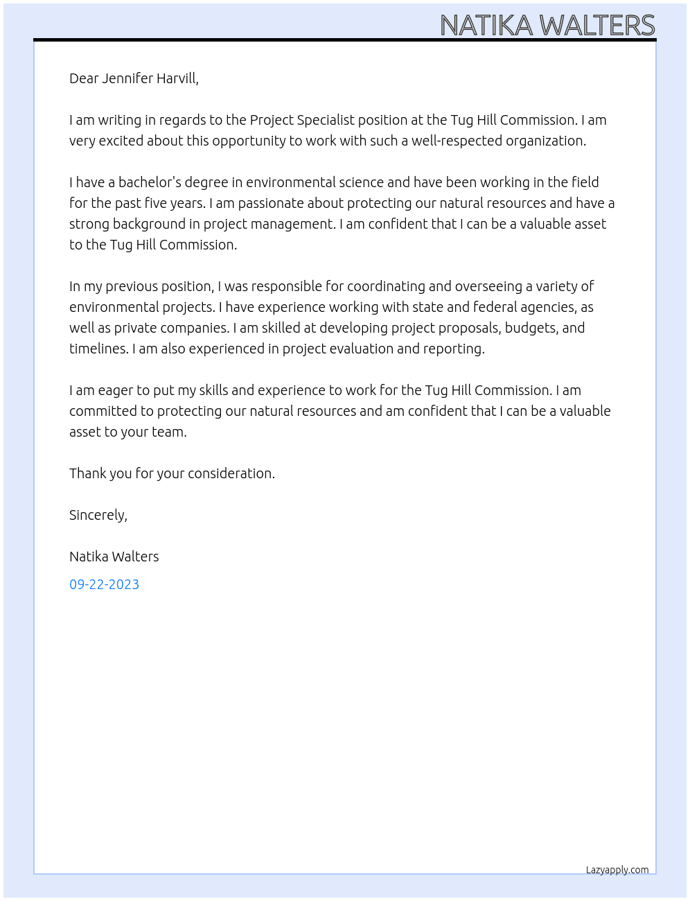 Project Specialist At Tug Hill Commission Cover Letter