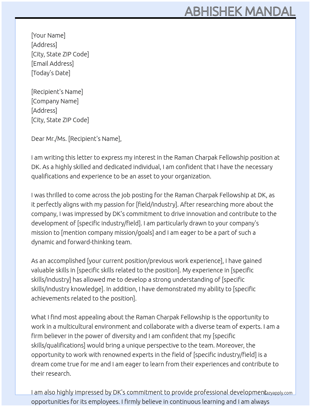 Raman Charpak Fellowship At DK Cover Letter