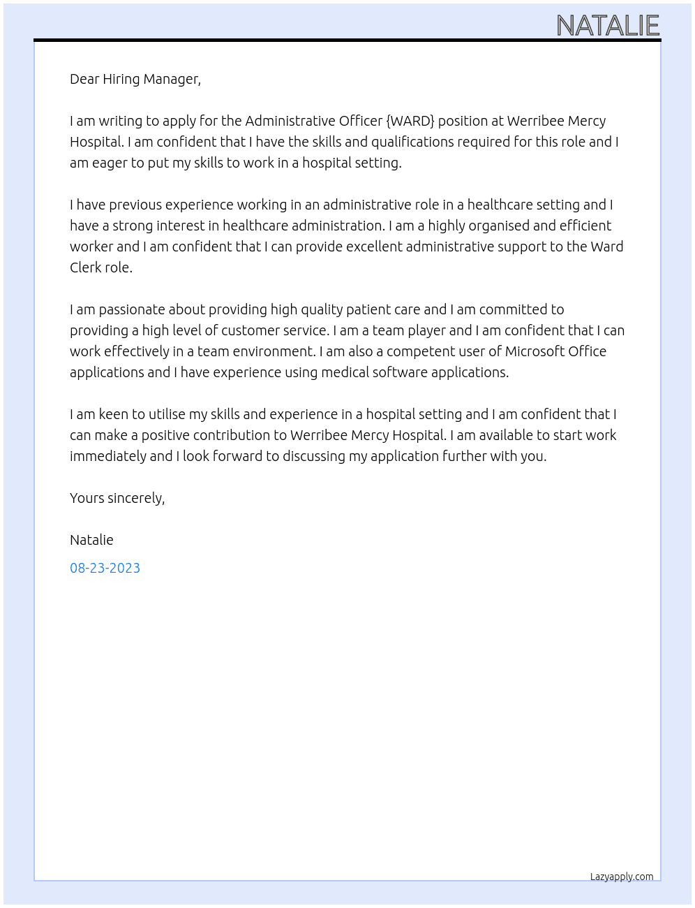 Administrative Officer {WARD} At Werribee Mercy Hospital Cover Letter