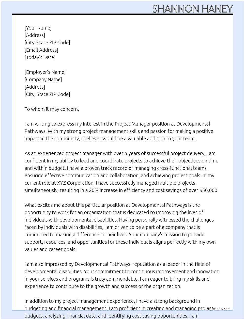 Project Manager At Developmental Pathways Cover Letter