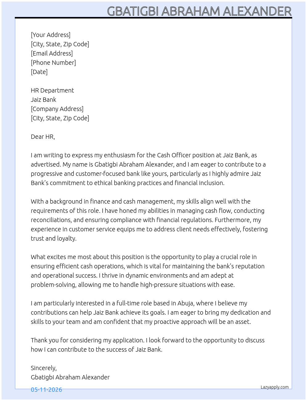 cash officer At Jaiz Bank Cover Letter