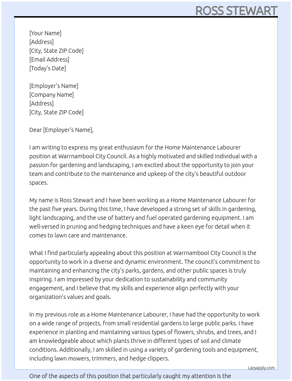 Home Maintenance Labourer At Warrnambool City Council  Cover Letter
