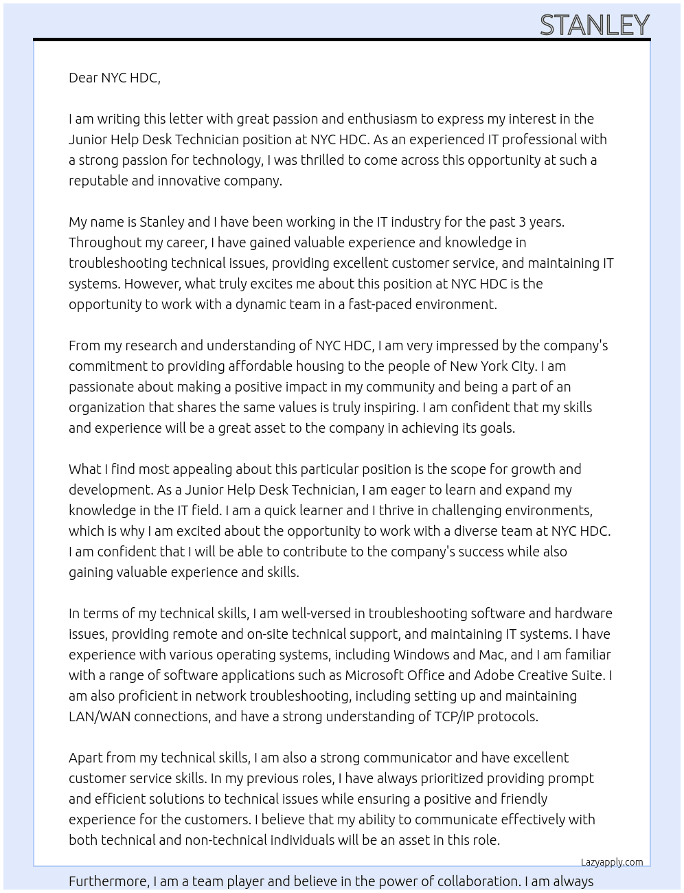Junior Help Desk Techician At NYC HDC Cover Letter