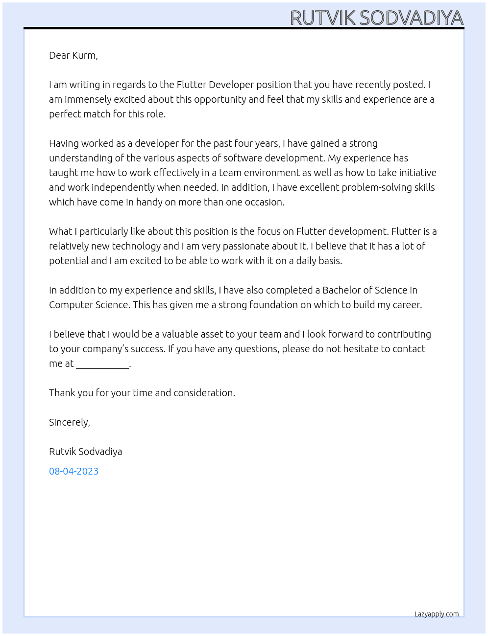 Flutter Developer At Kurm Cover Letter