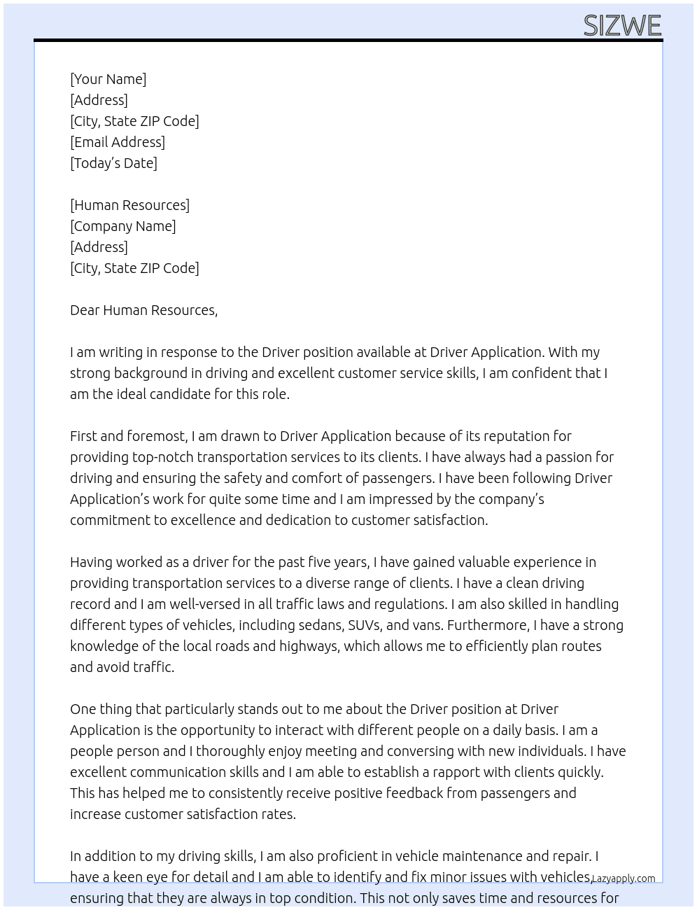 Driver  At Driver aplication  Cover Letter