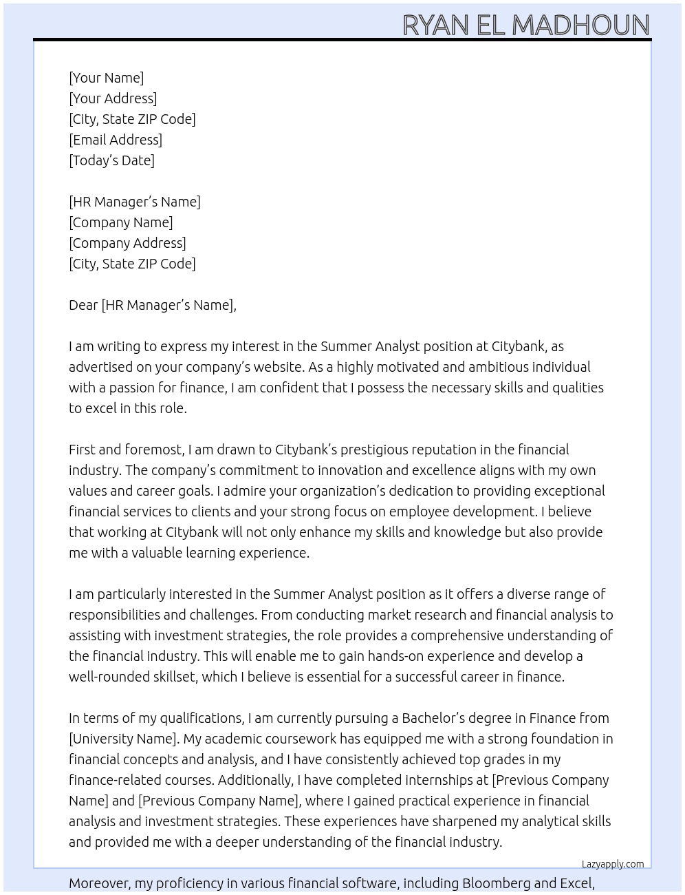 Summer Analyst At Citybank Cover Letter