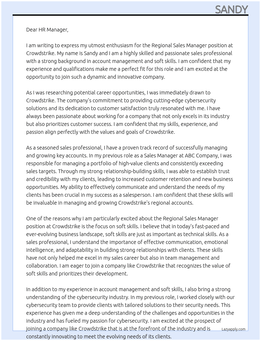 Regional Sales Manager At Crowdstrike Cover Letter