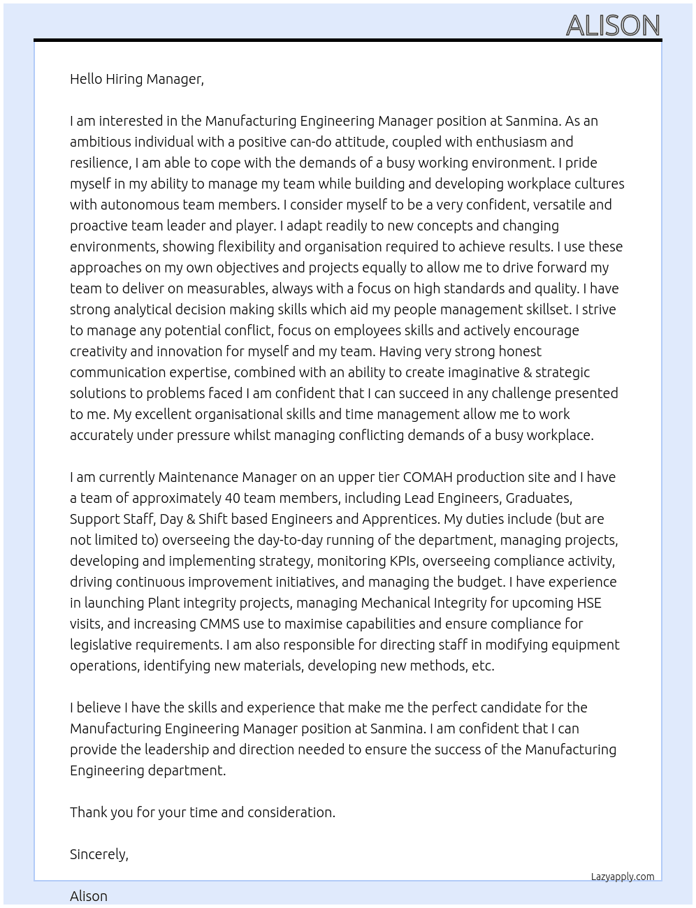 Manufacturing Engineering Manager At Sanmina Cover Letter