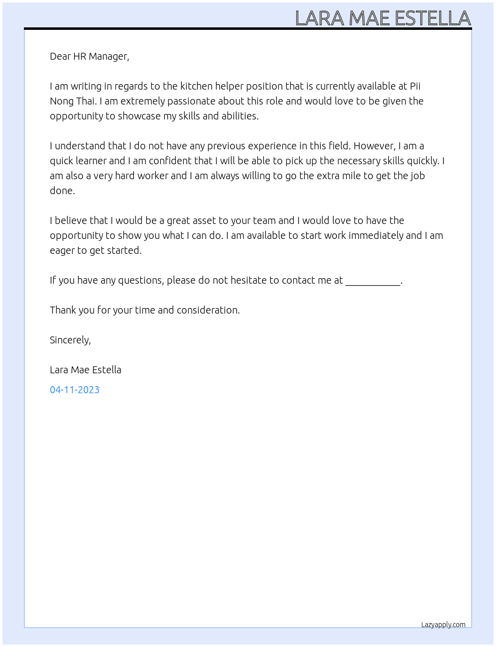 kitchen helper At Pii Nong Thai Cover Letter