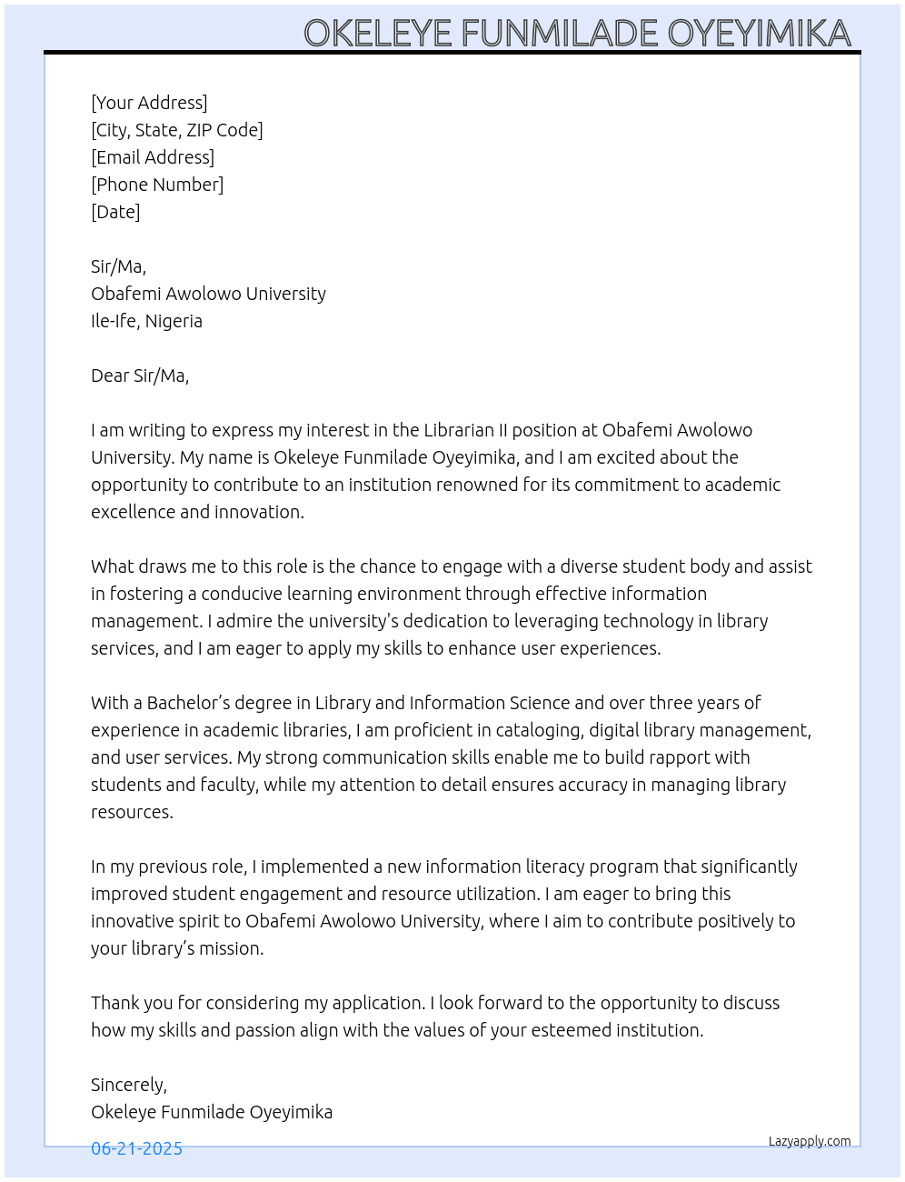 Cover letter for librarian ii - LazyApply
