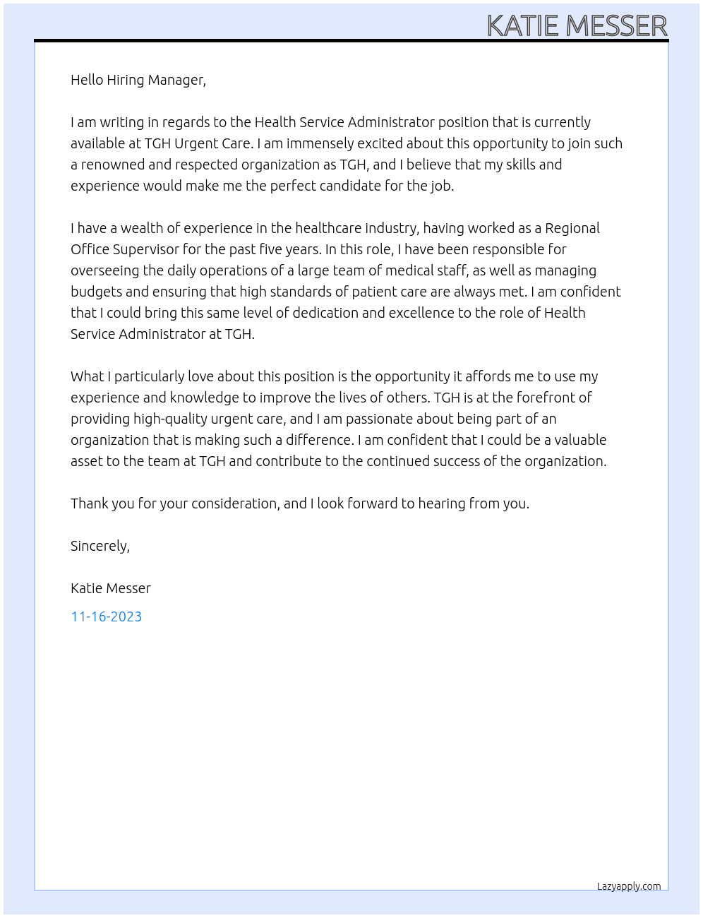 Health Service Administrator At TGH Urgent Care Cover Letter
