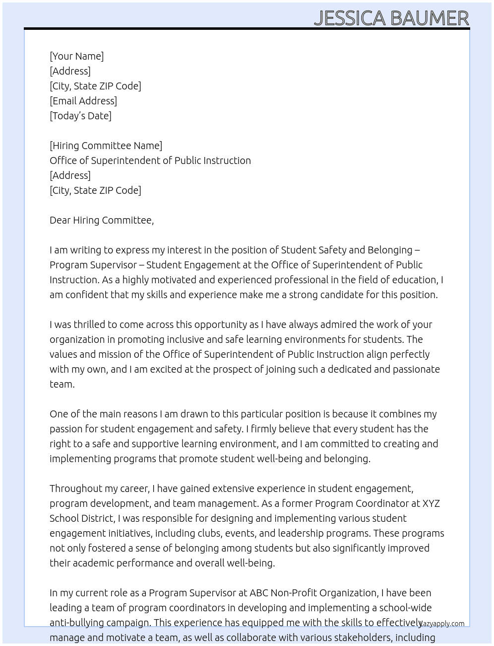 tudent Safety and Belonging - Program Supervisor - Student Engagement At Office of Superintendent of Public Instruction Cover Letter