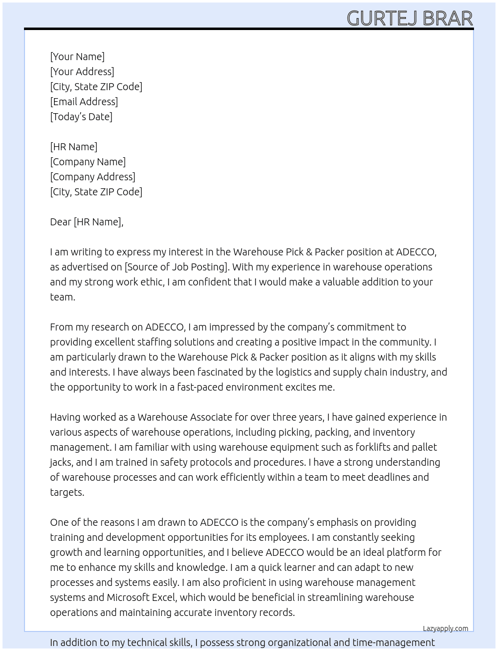 Warehouse pick & Packer At ADECCO Cover Letter