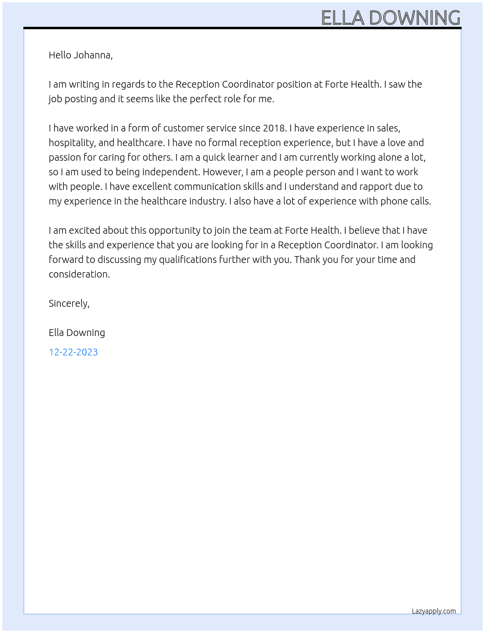 Reception Coordinator  At Forte Health Cover Letter