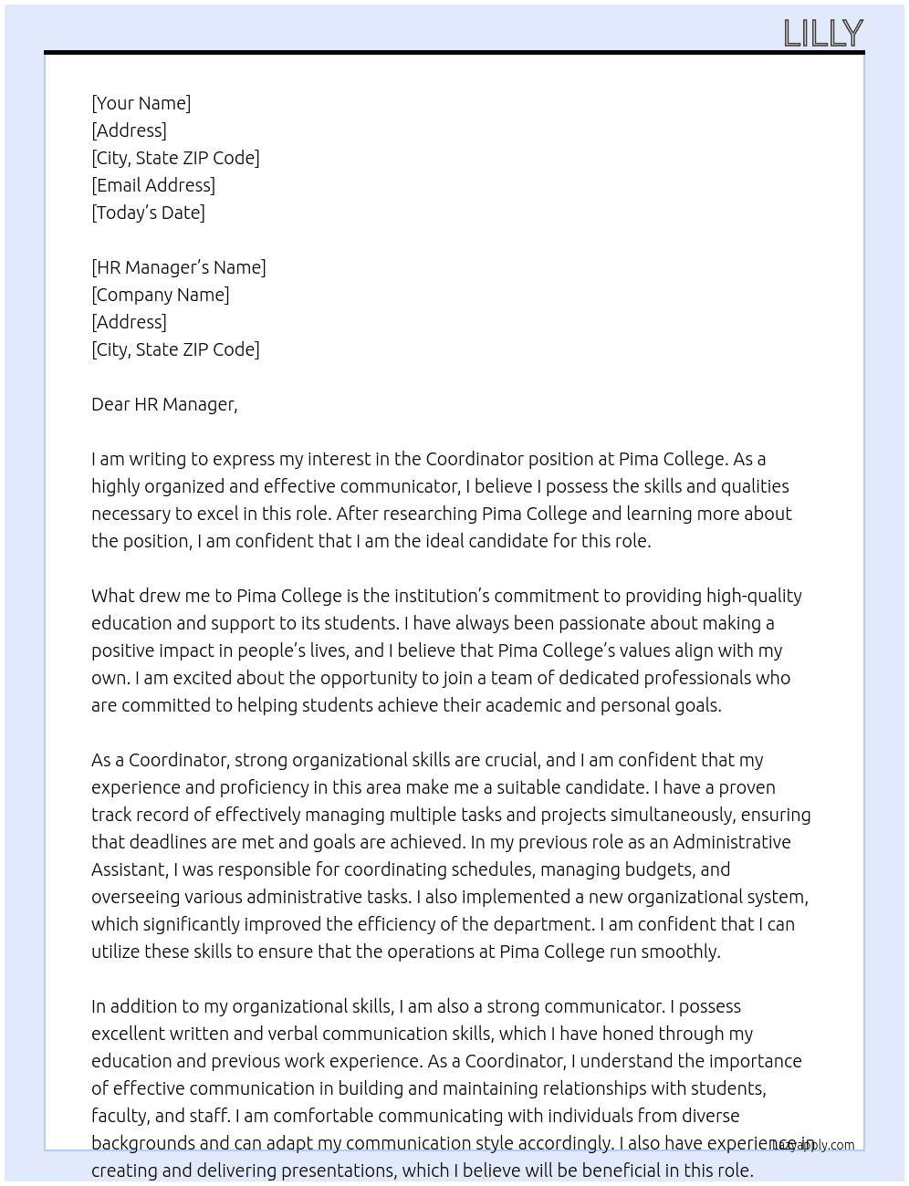 Coordinator  At Pima College  Cover Letter