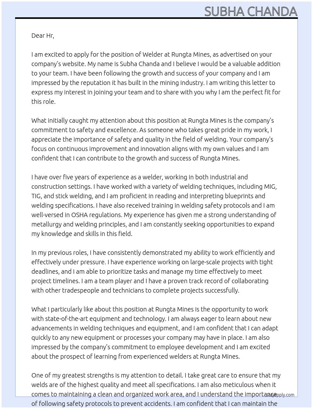 welder At Rungta mines Cover Letter