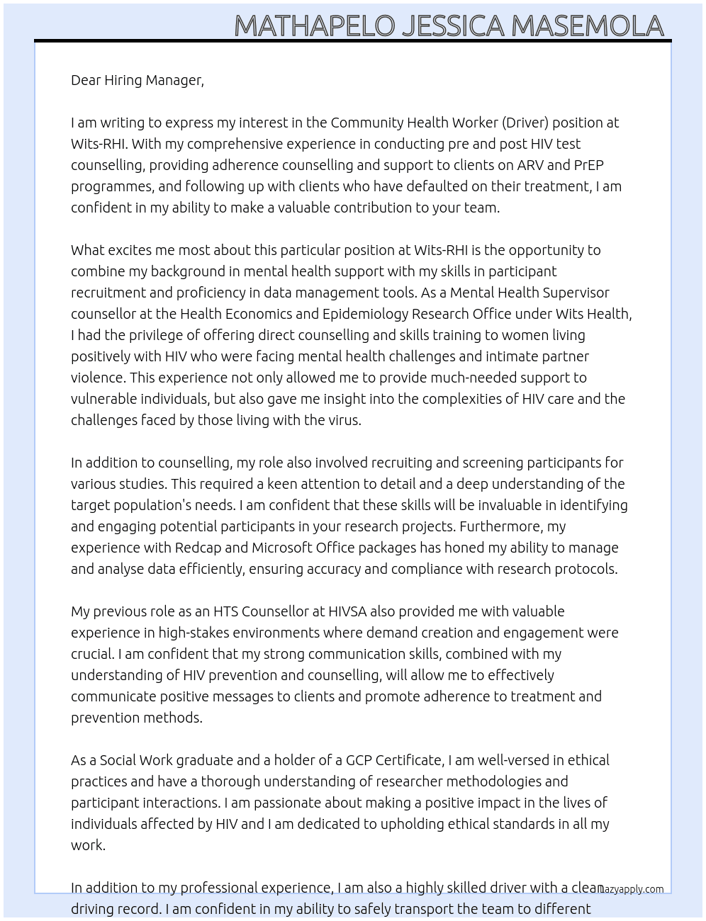 Community Health Worker (Driver) – At Wits-RHI Cover Letter