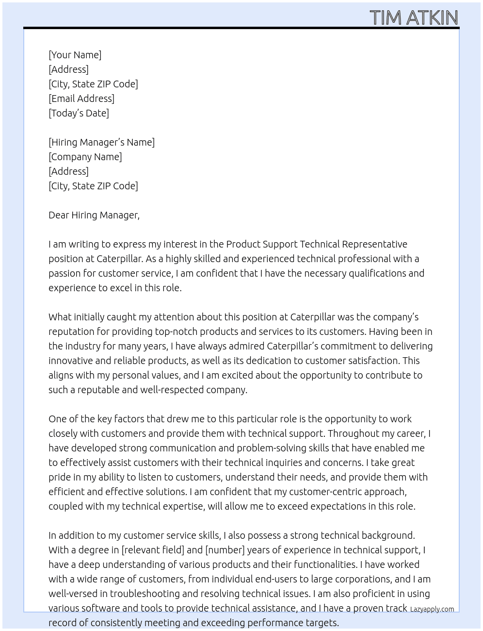 Product Support Technical Representative At Caterpillar Cover Letter