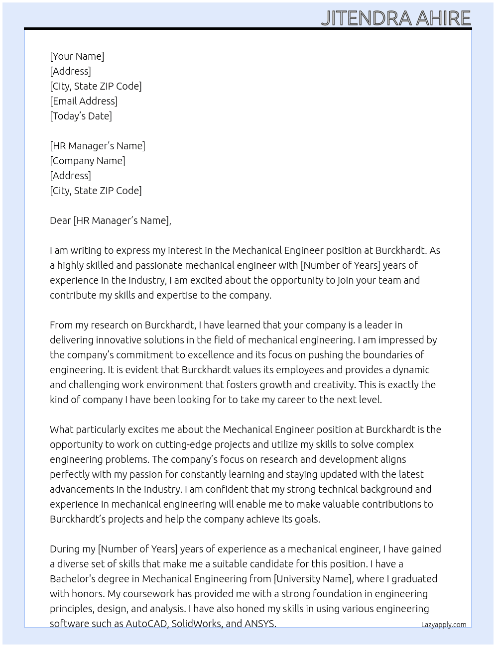 Mechanical Engineer  At Burckhardt Cover Letter