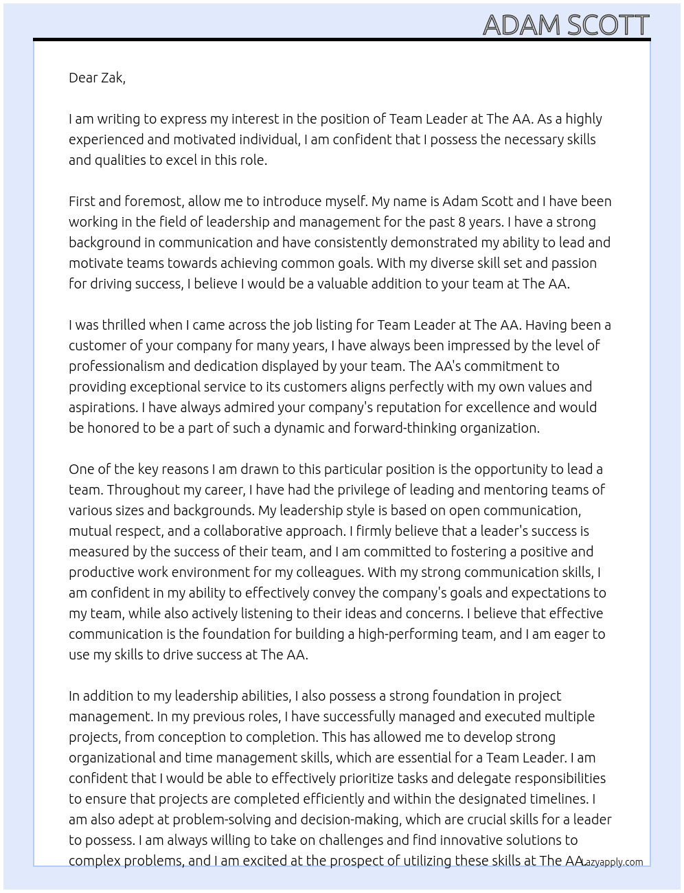 Team leader At The AA Cover Letter