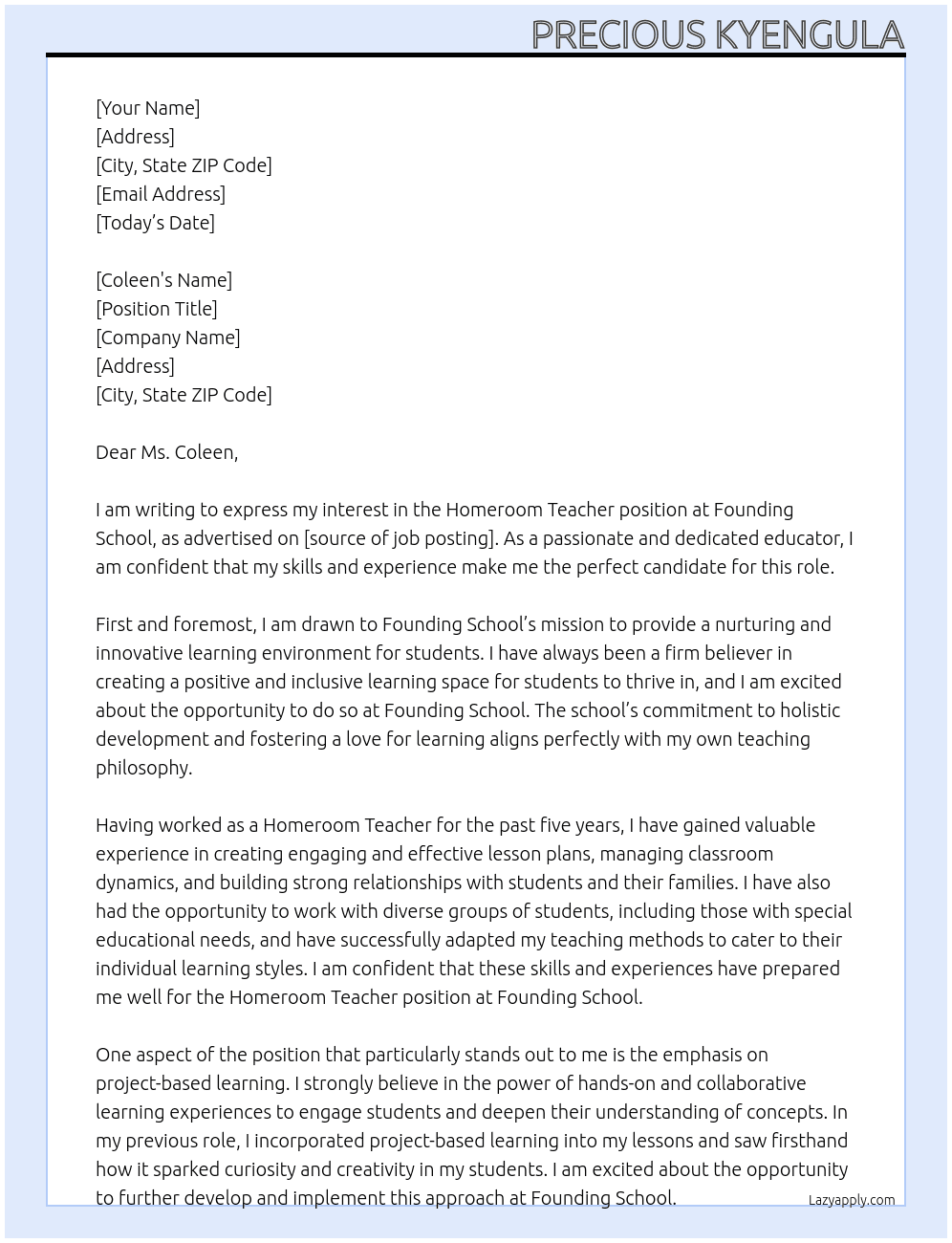 Homeroom teacher At Founding school Cover Letter