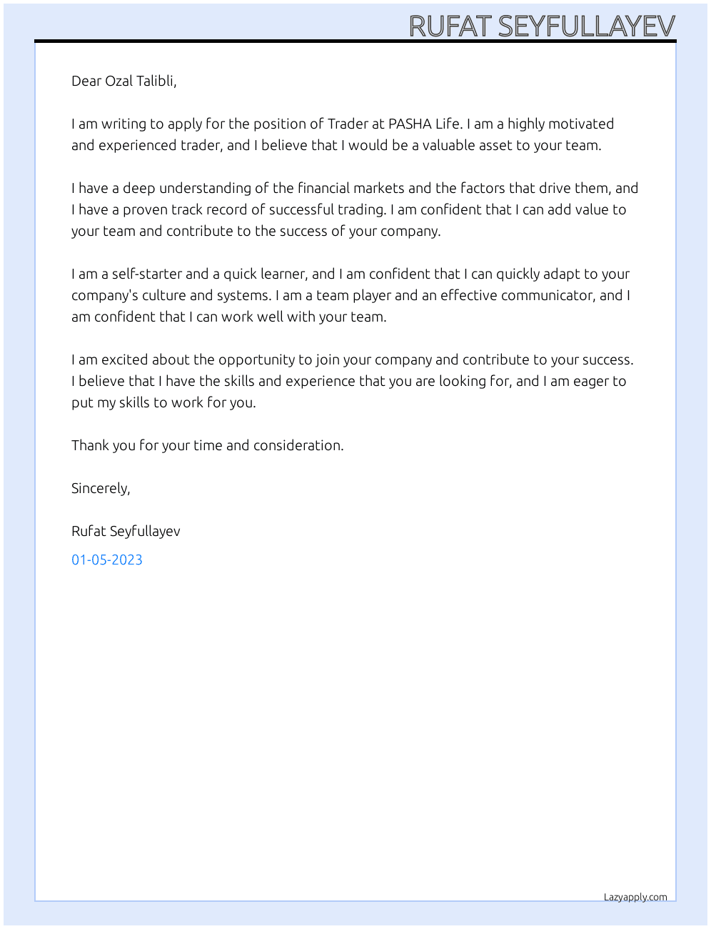 Trader At PASHA Life Cover Letter